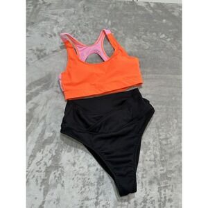 Fabletics 2 Piece Athletic Swimwear Women's Size Small Black & Orange Zipper EUC